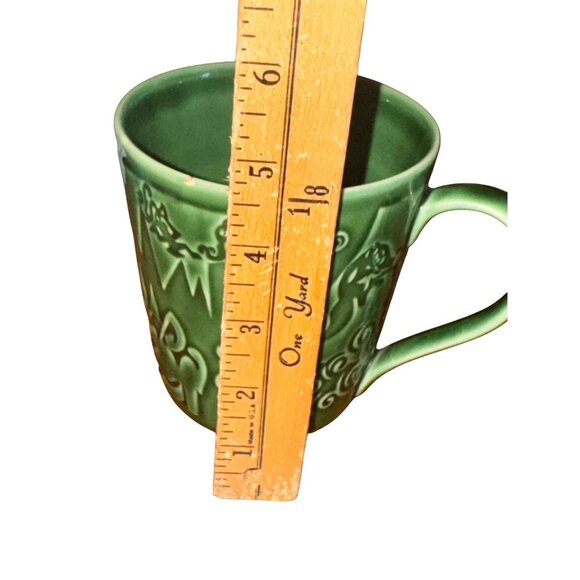 Green Ceramic Mug With Embossed Tribal Designs - 4.5" Tall & 3.5" Diameter - Picture 4 of 5